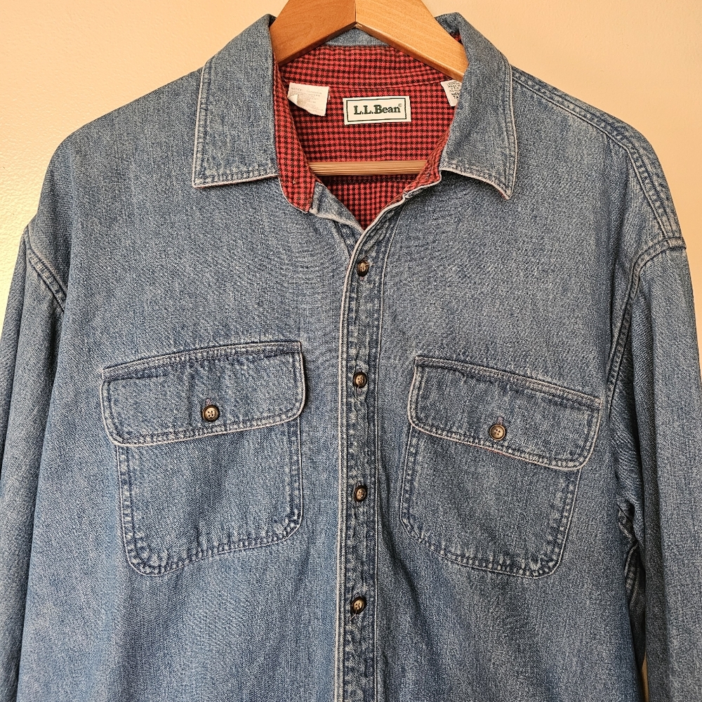 VTG LL Bean Denim Red Check Flannel Lined Shirt Jacket XLT USA Heritage Workwear - Picture 3 of 11